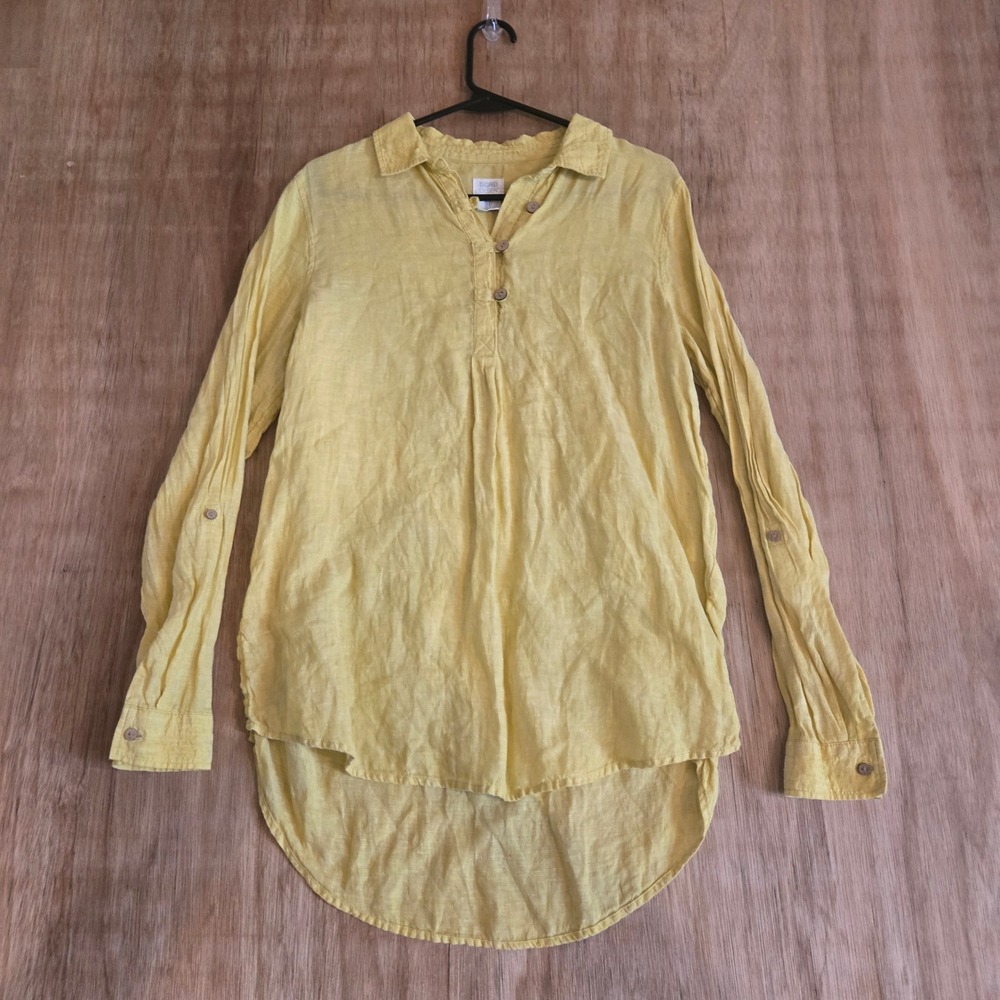 Sigrid Olsen Yellow 100% Linen Henley Tunic Top Long Sleeve Roll Tab Small